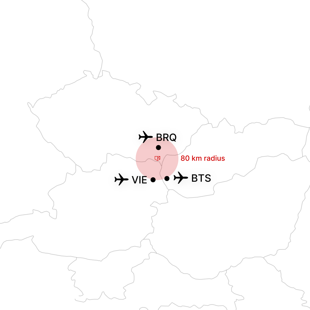 Map showing the dry stone walling course location in South Moravia within Central Europe and nearby airports